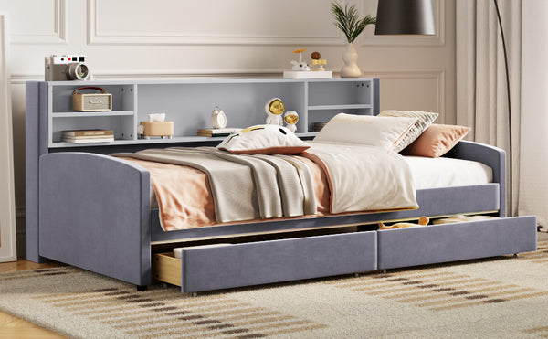English Elm Twin Velvet Upholstered Platform Bed with Plush Headboard, Underbed Drawers & Hidden Cabinet Storage Gray SF000183AAE