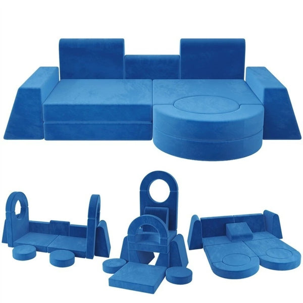 English Elm 13 Piece Modular Foam Play Couch Velvet Sectional for Creative Kids Playroom Blue T5880P493407