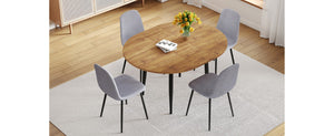 English Elm Table Extendable Round-To-Oval Mdf Dining Set With 4 Light Gray Linen-Cotton Chairs For Gatherings W1151S04142-GIGA