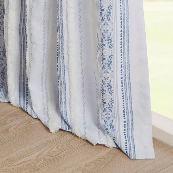 English Elm Poly Printed Curtain Panel With Tufted Stripe & Lining, White/Navy 50X95" For Boho Style Decor B035P268158-GIGA