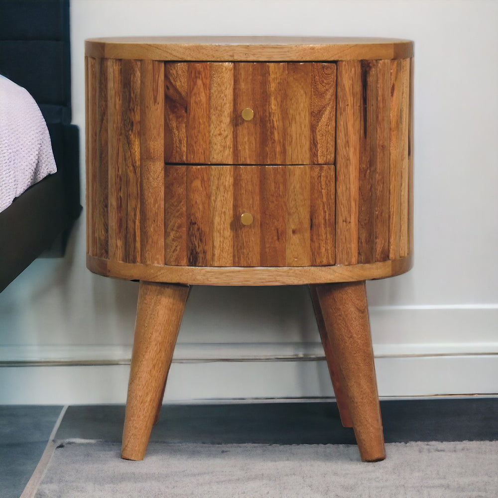 English Elm Stripe Solid Mango Wood Nightstand with 2 Drawers, Oak Finish & Nordic Legs for Modern Bedrooms B182P336622