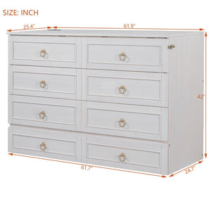 English Elm Queen Murphy Wall Bed with Rattan Panel Cabinet and Storage Drawers for Studio Rooms White LP000676AAK