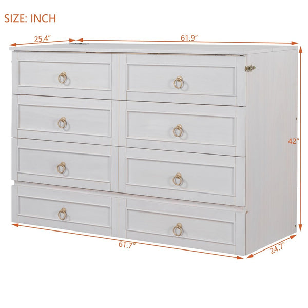 English Elm Queen Murphy Wall Bed with Rattan Panel Cabinet and Storage Drawers for Studio Rooms White LP000676AAK