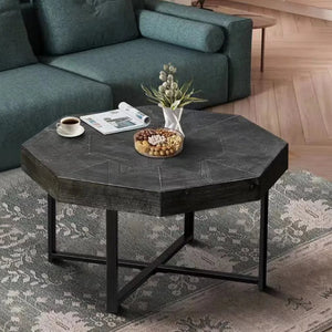 English Elm Wood Octagonal Vintage Patchwork Craft Farmhouse 30-Inch Wooden Table Top with Cross Metal Legs, Stylish Living Room Centerpiece Antique Black W1445P193123