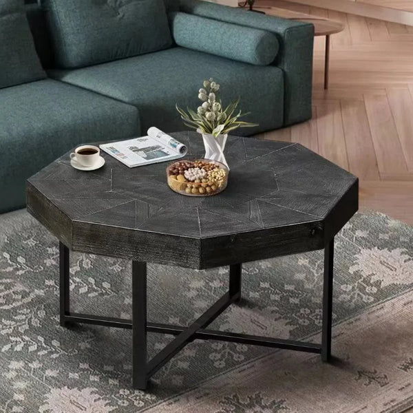 English Elm Wood Octagonal Vintage Patchwork Craft Farmhouse 30-Inch Wooden Table Top with Cross Metal Legs, Stylish Living Room Centerpiece Antique Black W1445P193123