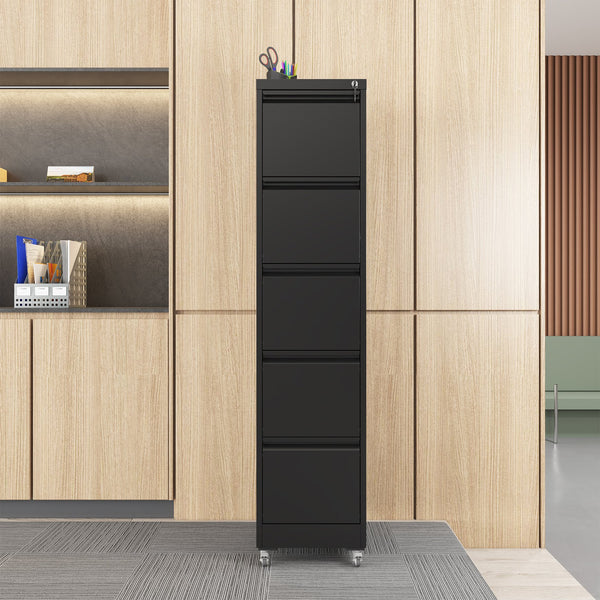 English Elm 5 Drawer Vertical File Cabinet on Wheels with Lock, Heavy-Duty Steel, Anti-Tilt Mobile Storage for A4/Letter/Legal Files Black T2398P310087