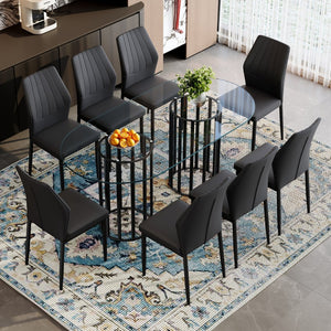 English Elm Table Set Oval Tempered Glass 71 Inch Top with Eight Faux Suede Chairs Modern Dining Black,Transparent W1151S04756