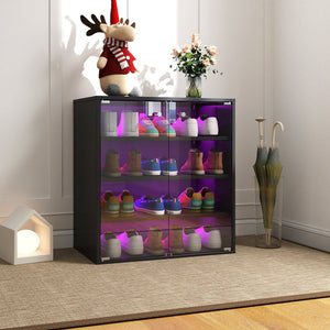 English Elm Shoe LED Display Case with Tempered Glass and Remote RGB Lighting, Stackable Wooden Organizer Black W331P242617