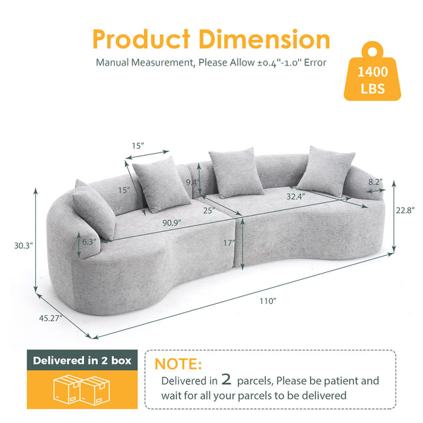 English Elm Curved Boneless Sofa modular 110" sectional with high-density foam & spring core, kid‑friendly curves, no assembly required for easy moving and cozy lounging Grey W2231S00007