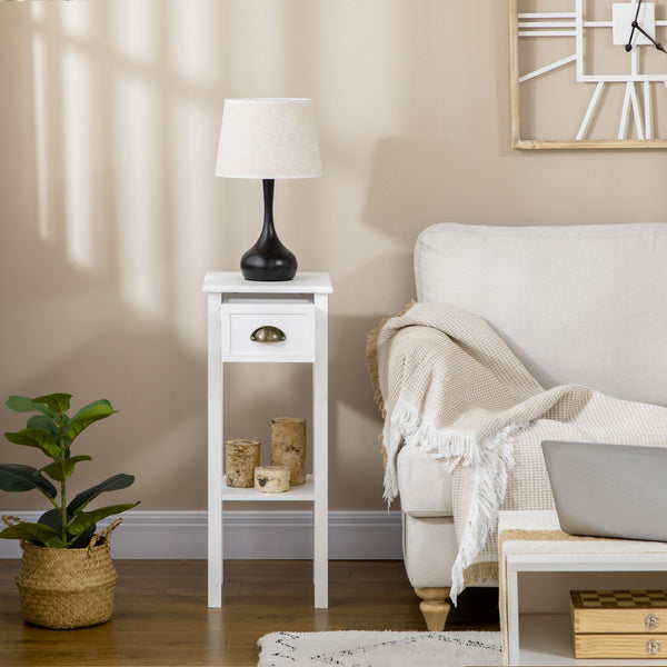 English Elm HOMCOM Narrow 2-Tier Side Table with Drawer and Elevated Shelf — Slim Accent End Table, Sturdy Storage White W2225P200905