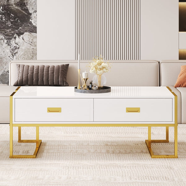 English Elm Modern 47.3" Rectangular Coffee Table with White MDF Top, Gold Metal Base & 4 Spacious Drawers, Luxe-functional Design N735P305626K