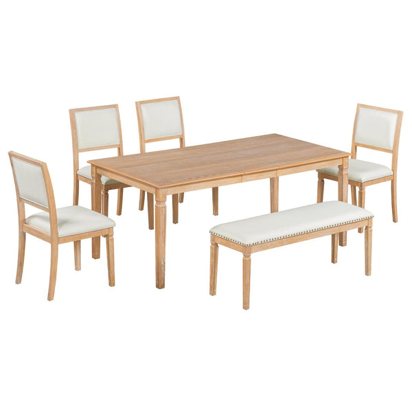 English Elm Trexm Rustic Farmhouse Extendable Dining Set Six Piece with Bench Distressed Wood Beige,Natural Wood Wash ST000151AAD