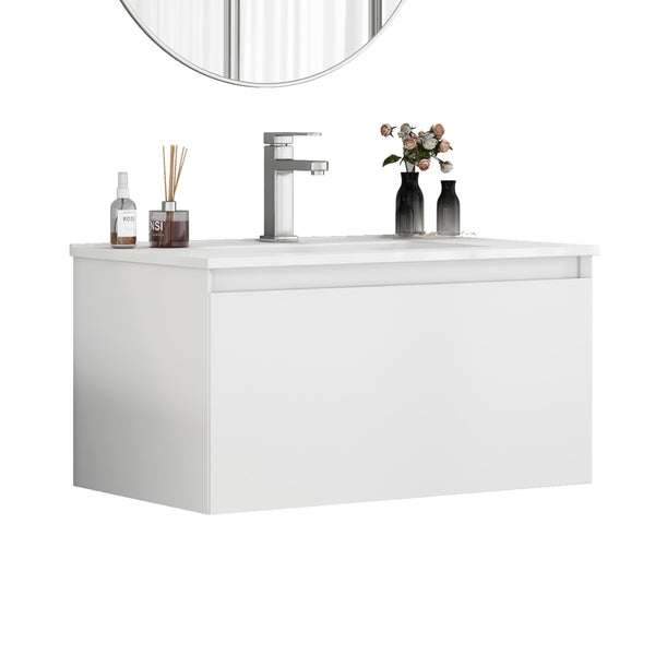 English Elm 32-Inch Wall-Mounted Bathroom Vanity With Soft-Close Drawer, Ceramic Sink, Matte White Finish, Modern Design W3151S00042