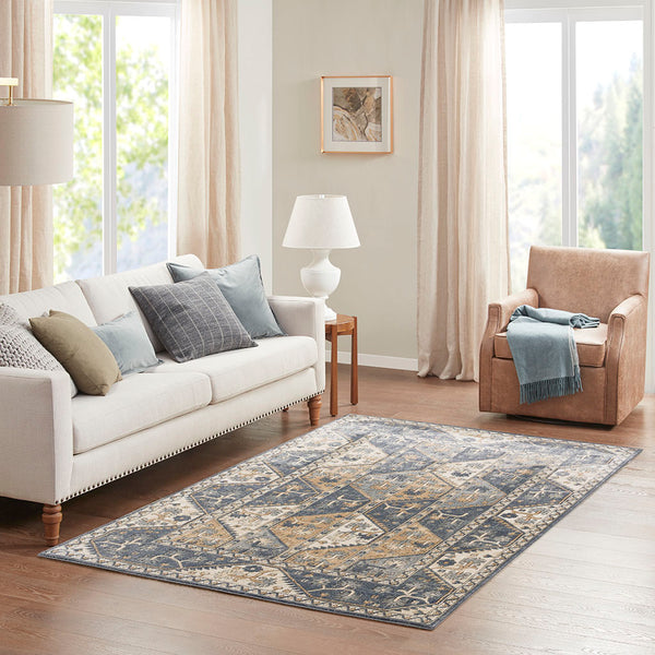 JLA Home Madison Park - Tiled Madison Park Dakota Tile Border Area Rug — Blue & Cream Geometric Pile, Durable Machine-Woven Comfort MP35-7559