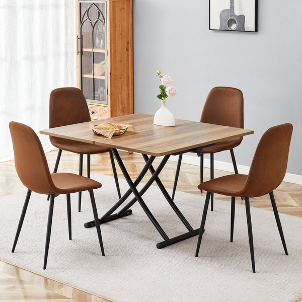 English Elm Table and Chair Set Adjustable Height Mdf Wood Grain Top with 4 Upholstered Seats Brown+Black W1151S04091