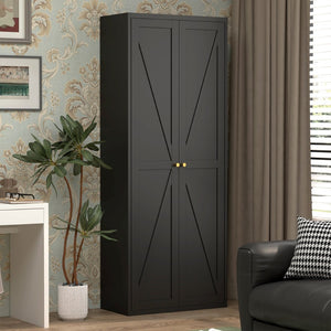 English Elm 2 Door Steel Pantry Cabinet Powder Coated Finish Gold Hardware Adjustable Shelves Tall Storage Black T3625P366653