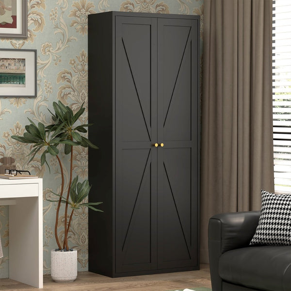 English Elm 2 Door Steel Pantry Cabinet Powder Coated Finish Gold Hardware Adjustable Shelves Tall Storage Black T3625P366653