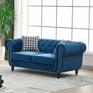 English Elm 67"Chesterfield Velvet 2-Seater Sofa with Nailhead Trim, Roll Arms, Hardwood Frame, Luxurious Comfort Blue W3373S00050