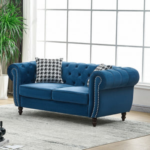 English Elm 65"chesterfield Velvet Tufted Sofa with Nailhead Trim Mid Century Two Seat Couch Blue W3373S00068