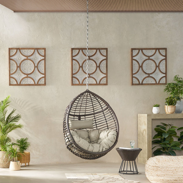 English Elm Christopher Knight Home® - MORRIS Teardrop Hanging Chair with 8ft Chain — Durable Woven Rattan, Water‑Resistant Cushions, Cozy Lounge Khaki+Brown 70773.00KHAKMULBRN