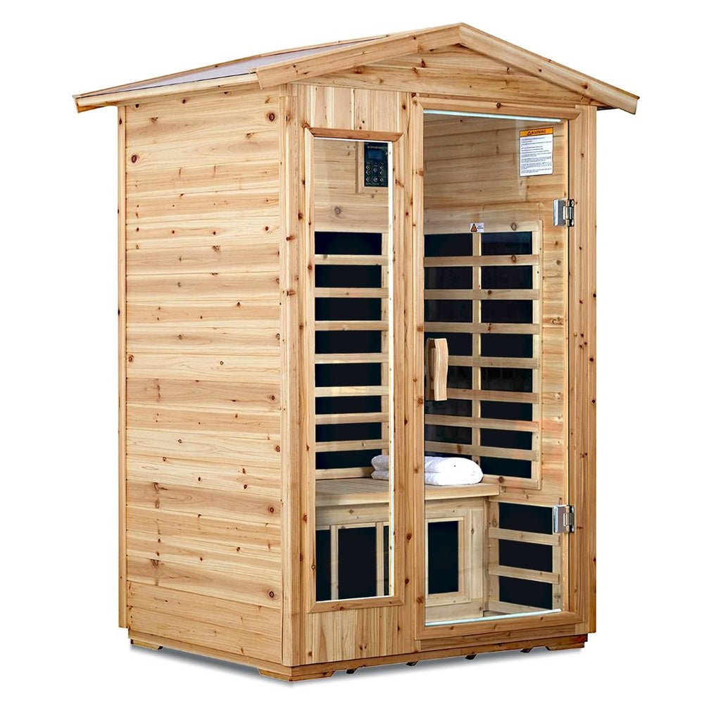 English Elm Two Person Old Fir Outdoor Far Infrared Sauna with Bluetooth and Lcd Controls W632S00010