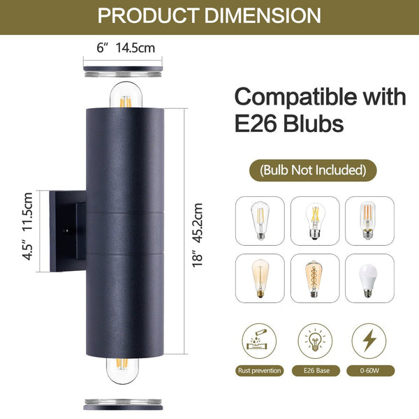 English Elm 18" Aluminum Cylinder Outdoor Wall Sconce Set of Two with up Down Porch Lighting W2312P416009