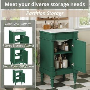 English Elm 18-Inch Modern Bathroom Vanity with Sink Compact Retro Design Durable MDF & Solid Wood Legs Storage-Friendly Green N710P257401F