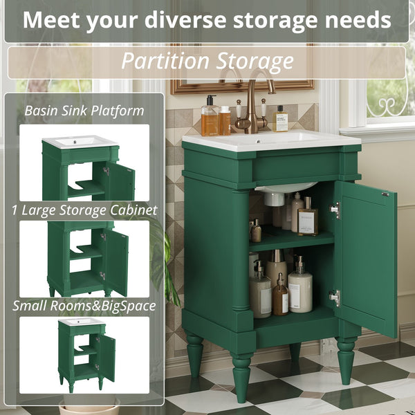 English Elm 18-Inch Modern Bathroom Vanity with Sink Compact Retro Design Durable MDF & Solid Wood Legs Storage-Friendly Green N710P257401F