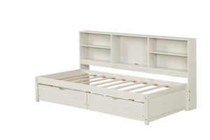 English Elm Twin Storage Bed with Bookcase Headboard Built-in Usb Charging and Two Drawers Creamy White W697S00037