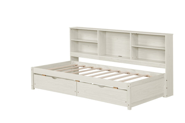 English Elm Twin Storage Bed with Bookcase Headboard Built-in Usb Charging and Two Drawers Creamy White W697S00037