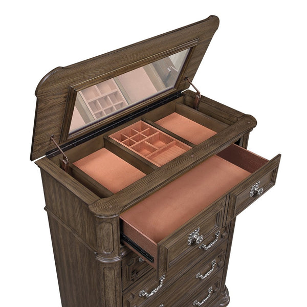 English Elm Traditional Oak Walnut Tall Chest with Velvet Jewelry Tray and Dovetail Drawers B011P490021