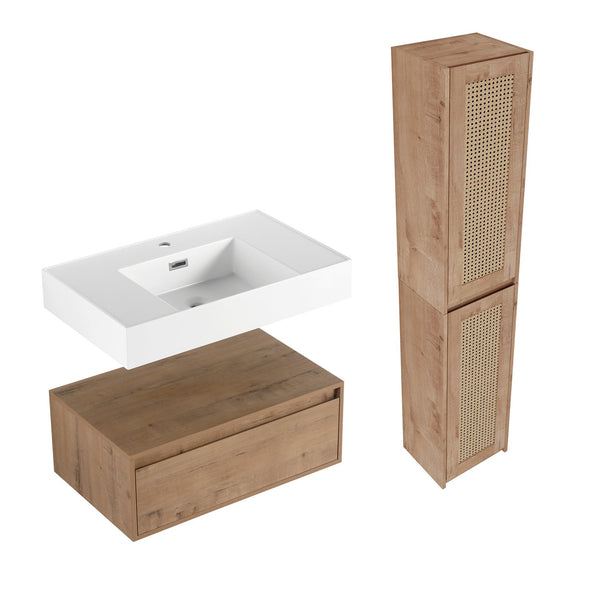 English Elm 30 Inch Wall-Mounted Bathroom Vanity With Resin Sink & Soft Close Drawers - Modern Storage Solution W999S00354