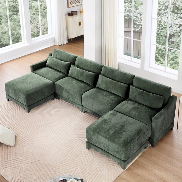 English Elm Four-Seater Sofa Set With Movable Ottoman, Ergonomic Lumbar Pillow, Premium Chenille Upholstery, Green W714S01222