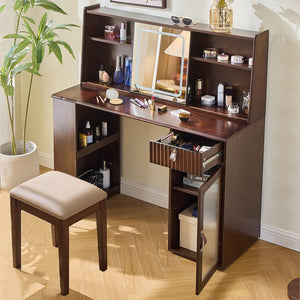 English Elm Elegant Walnut Makeup Vanity with Sliding 3-Color LED Mirror, Large Shelves, Fluted Drawer & Cabinet N844P257533W