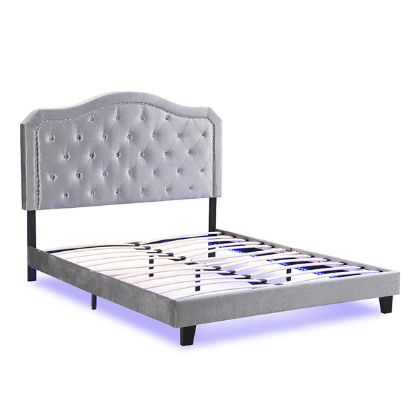 English Elm Upholstered Diamond Button Tufted Platform Bed with Velvet, LED Ambient Lighting, Sturdy Slats Light Gray 65.75 L x 34.43 W x 4.72 H W2297P268386
