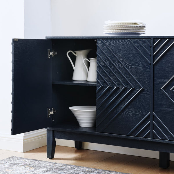 English Elm 60.5'' Buffet Cabinet with Fluted Geometric Doors, Mid-Century Sideboard with Adjustable Shelves & Outlet Holes Bear,Blue W1801P288507