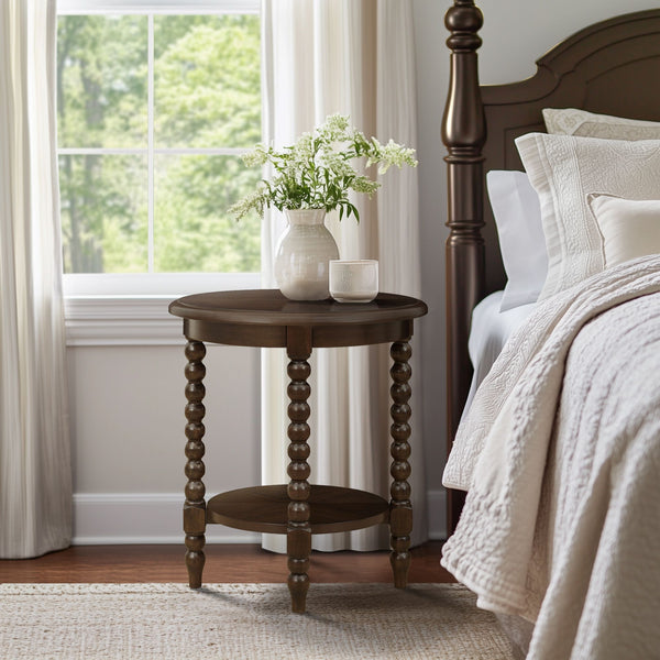 English Elm Philippe Round End Table with Shelf Brown — 20" Dia x 24" H, MDF & Solid Wood, Compact Accent Table B035P341173