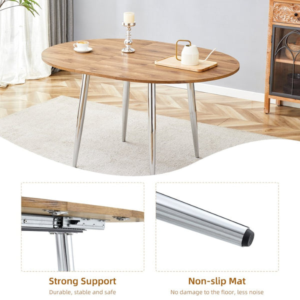 English Elm With Retractable Leaf Round Oval Mdf Top and Sleek Metal Legs Modern Dining Table Silver,Wood W1151S03944