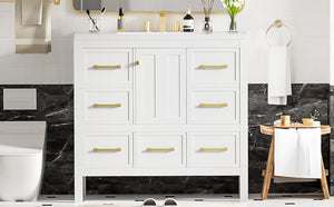 English Elm 36'' Bathroom Vanity with Resin Sink, Solid Wood Frame, 5 Drawers, Soft-Close Doors, Gold Knobs, Spacious Storage White SW000142AAK-1