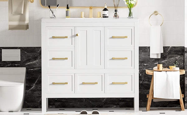 English Elm 36'' Bathroom Vanity with Resin Sink, Solid Wood Frame, 5 Drawers, Soft-Close Doors, Gold Knobs, Spacious Storage White SW000142AAK-1