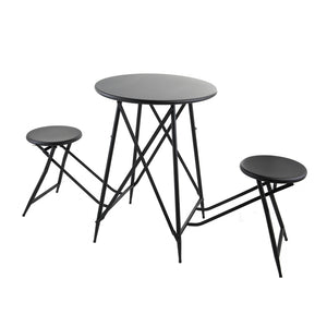 English Elm 60.83x24x32.3" Black Stowable Side Table and Two Seats – Industrial Folding Trio for Space-Saving Decor & Display W2078P282279