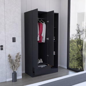 English Elm Memphis Wardrobe Armoire with Double Doors, Built-In Hanging Rod, 4 Shelves & Spacious Drawer Black 40 L x 23 W x 3 H B070S00203