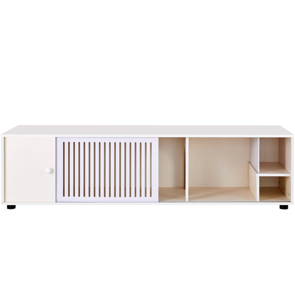 English Elm Modern Cream White TV Stand with Hidden Cat Litter Enclosure, Removable Sliding Door & Storage Elegance N843P254844C
