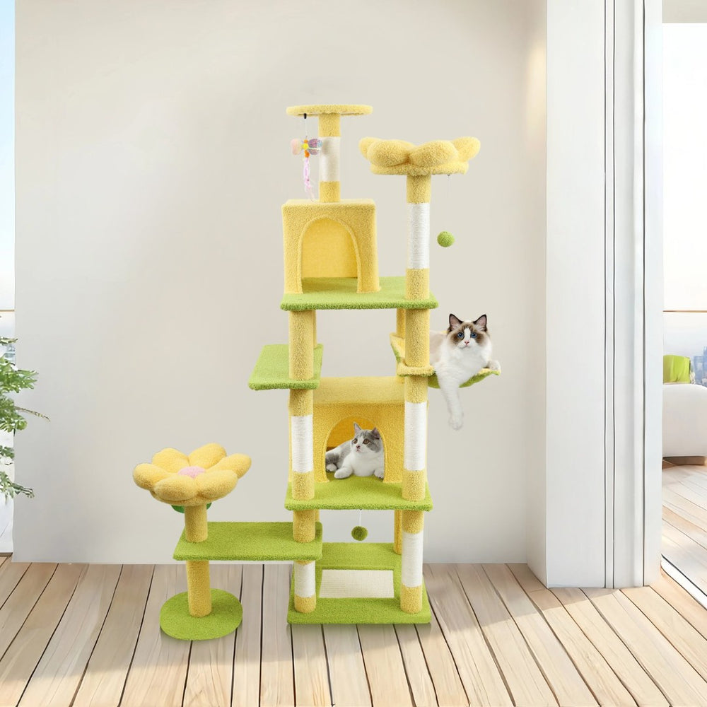 English Elm 71 Inch Floral Cat Tower with Condo Hammock Sisal Posts and Plush Perches for Large Breeds Yellow W243P326629