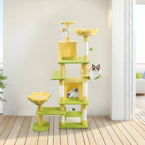 English Elm 71 Inch Floral Cat Tower with Condo Hammock Sisal Posts and Plush Perches for Large Breeds Yellow W243P326629