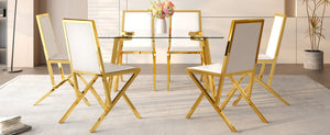 English Elm Table Set Oval Tempered Glass Top with Six Shell Back Pu Chairs Modern Dining Room Transparent,White+Gold W1151S04793