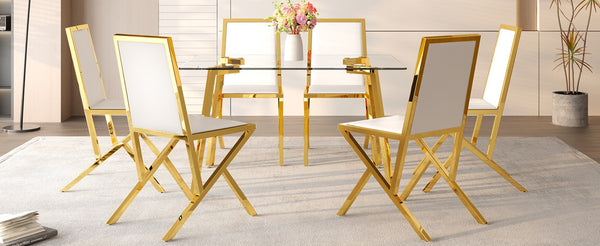 English Elm Table Set Oval Tempered Glass Top with Six Shell Back Pu Chairs Modern Dining Room Transparent,White+Gold W1151S04793