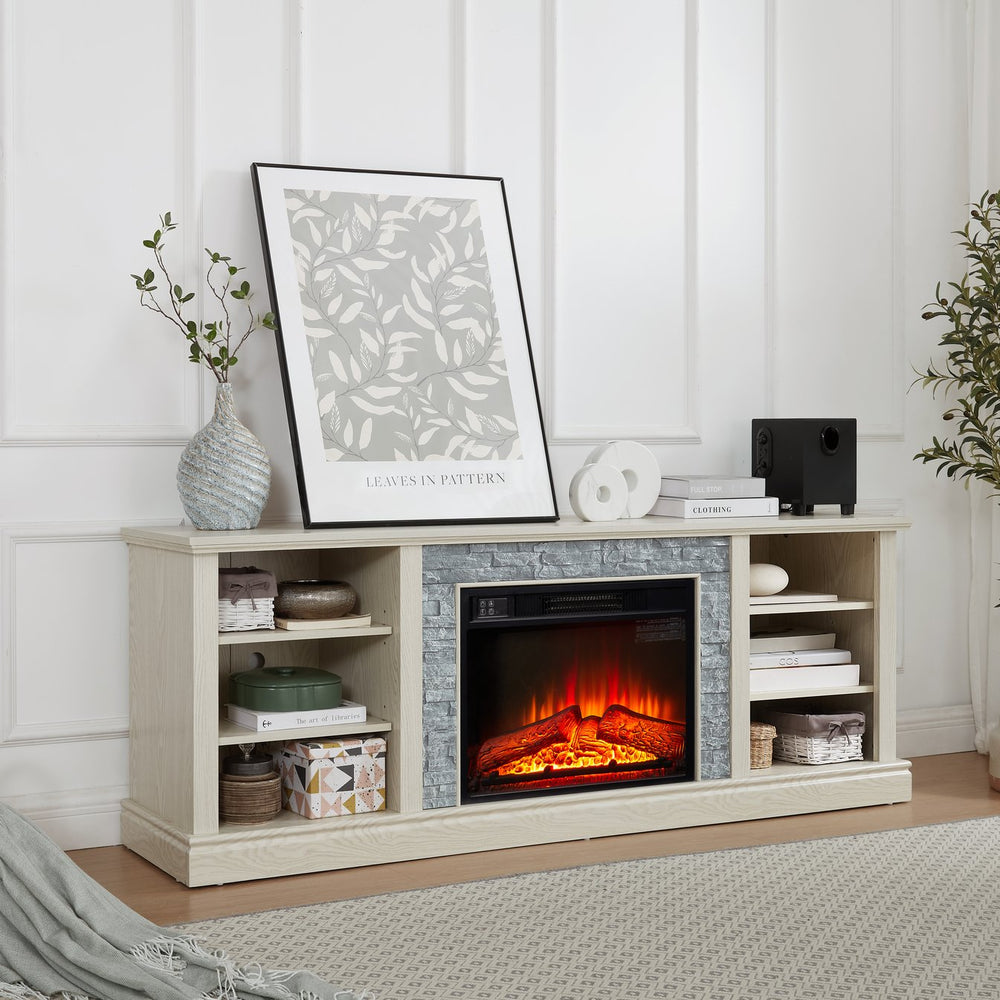 English Elm Large Faux Stacked Stone TV Desk Storage Rack with 23" Fireplace Insert, White Media Console, 75" TV Ready, Ample Storage, Adjustable Shelves, Cable Management W1758S00014