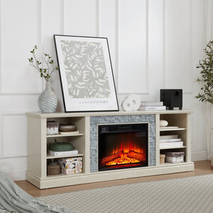 English Elm Large Faux Stacked Stone TV Desk Storage Rack with 23" Fireplace Insert, White Media Console, 75" TV Ready, Ample Storage, Adjustable Shelves, Cable Management W1758S00014