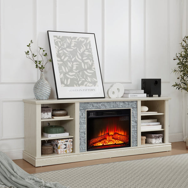 English Elm Large Faux Stacked Stone TV Desk Storage Rack with 23" Fireplace Insert, White Media Console, 75" TV Ready, Ample Storage, Adjustable Shelves, Cable Management W1758S00014